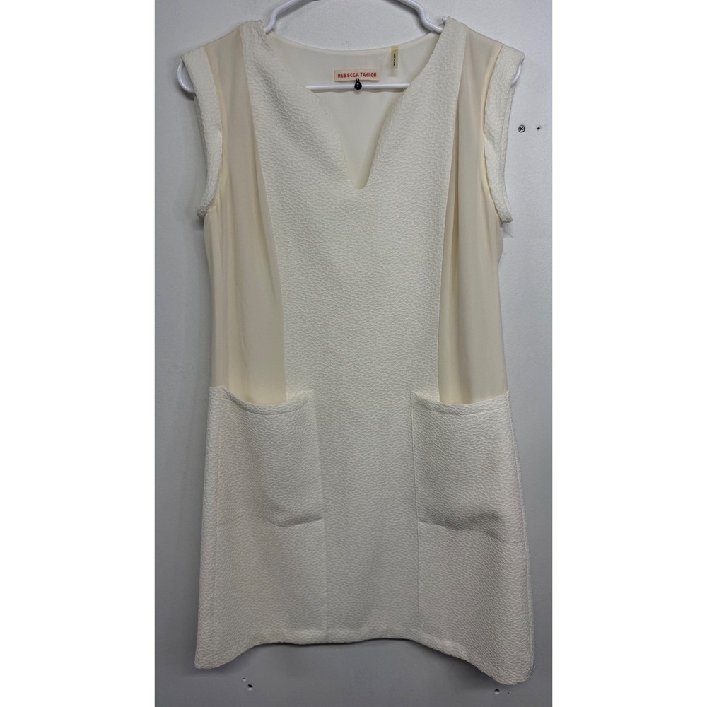 Rebecca Taylor White Silk‎ Blend Textured Shift Dress Notched V-Neck Pockets 2